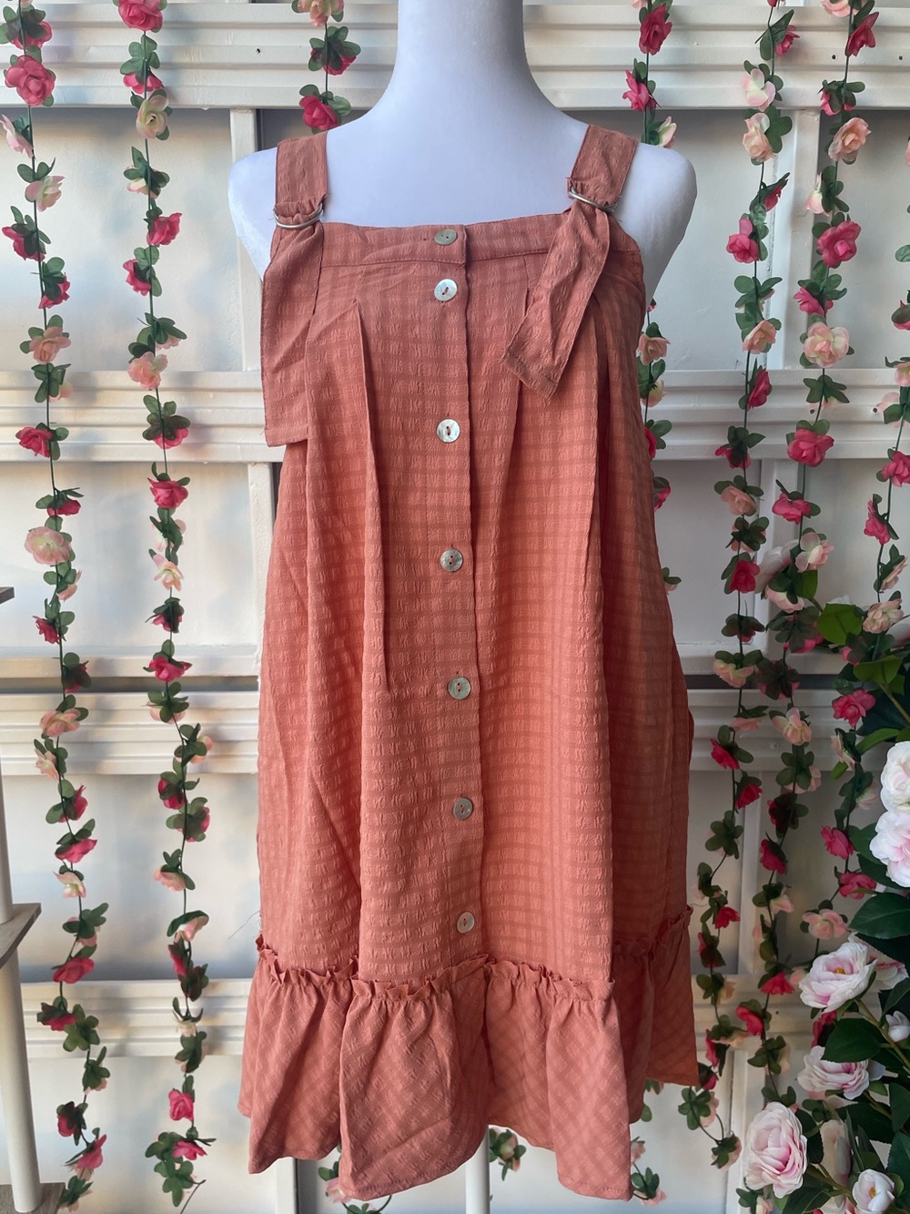 Promesa- Rust Button-Front Sundress with Tie Straps